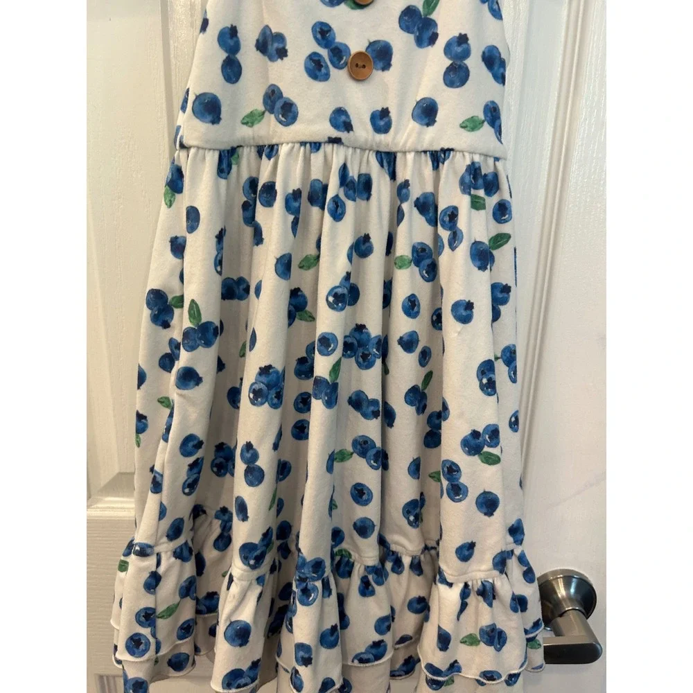 Boutique Blueberry Print Sundress White Blue Tie Shoulder Ruffle Hem Dress Bin A